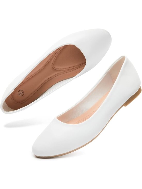 Shoes - Women's White Faux Leather Comfortable Slip on Ballet Classic Dress Flats Shoes